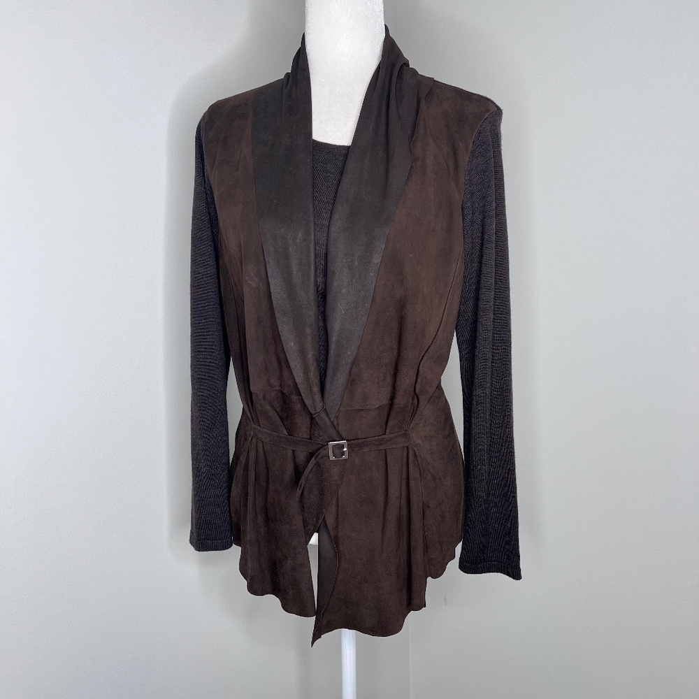 Rani Arabella Wool Cashmere Belted Cardigan Sweater Brown L